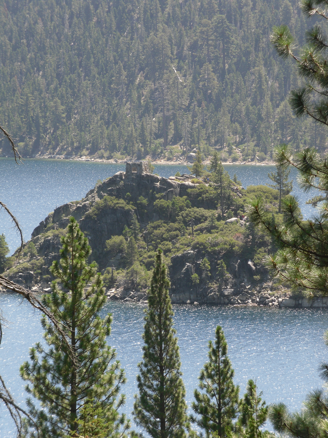 Views of Fannette Island in Emerald Bay from trail to Vikingsholm